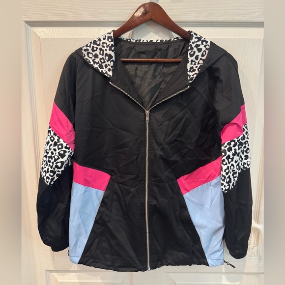 Black Leopard Color Block Full Zip Hooded Jacket women’s Size Medium - Picture 3 of 8